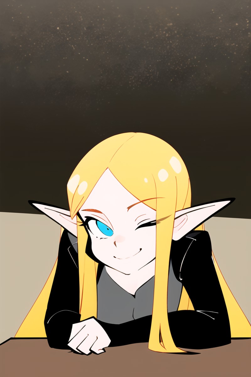 27900-225513279-1girl,solo, detailed eyes, smile, perfect face, elf, very long hair, blonde hair, sleeping on desk _, flat color, wide-eyed.png